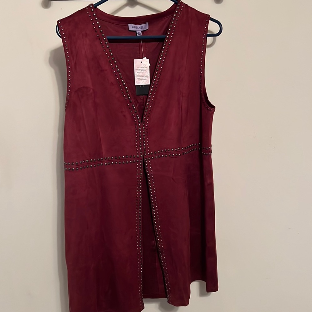 Premise Cardigan, open front, sleeveless, faux suede